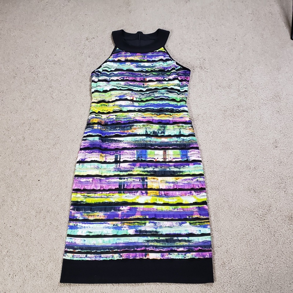 Joseph Ribkoff Dress 10 Multicolor Abstract Ruffle Sheath Halter High Neck